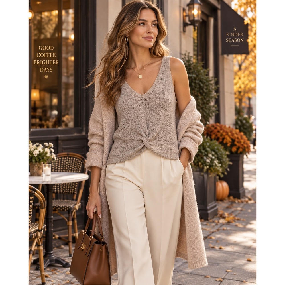 FATE Women Medium Taupe Knit Twist Front Tank Top Quiet Luxury Fall Layering